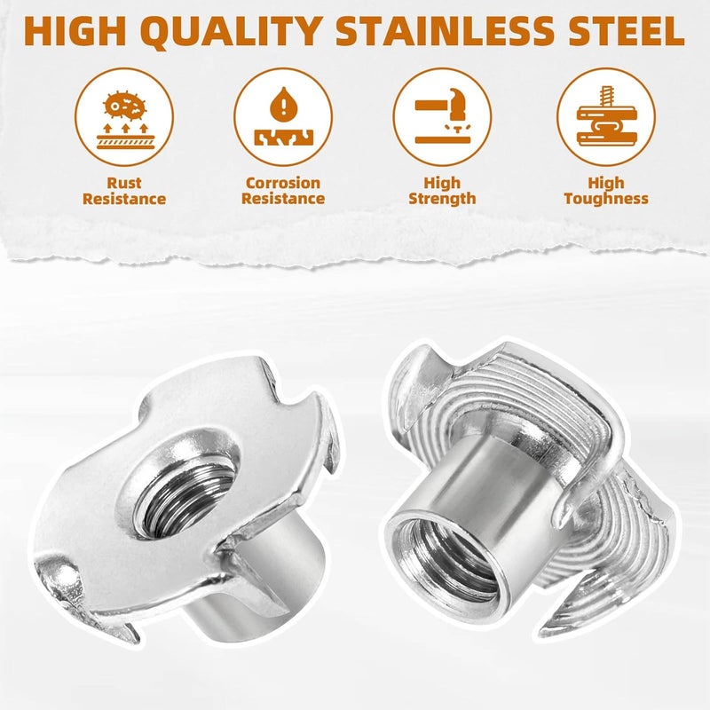 OUSCHR M5 T-Nuts Durable Anti-Corrosion Threaded Inserts Tee Nut Four Prongs Nut for Wood and Furniture, 304 Stainless Steel, 50 PCS - Image 4